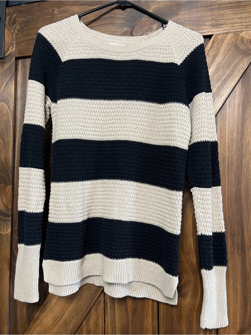 If It Were Me Striped Knit Crewneck Sweater Black Tan Size L